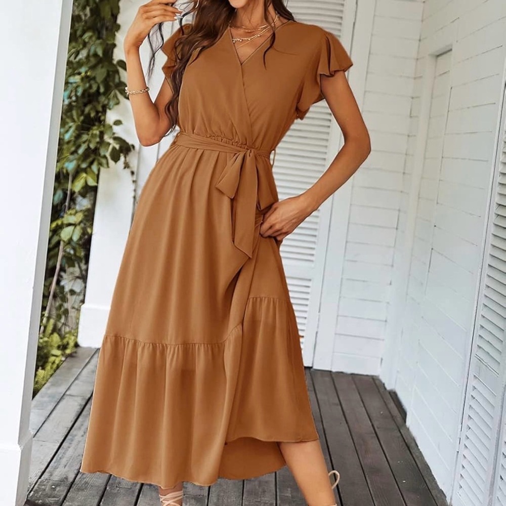 Pretty Garden Elegant Brown Midi Dress with waist belt size small
